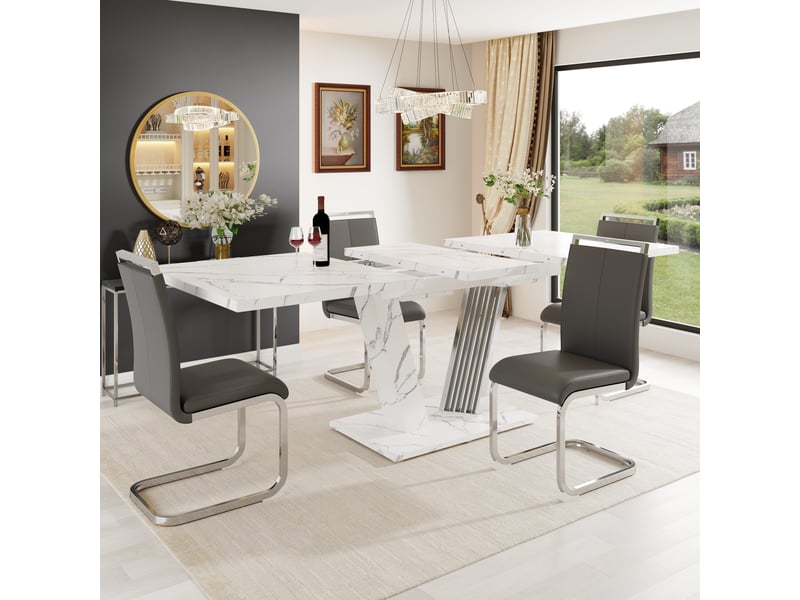  Table à manger extensible 120–160 x 80 x 76 cm, plateau rectangulaire, pieds réglables, mdf et métal, effet marbre blanc  - Conforama B