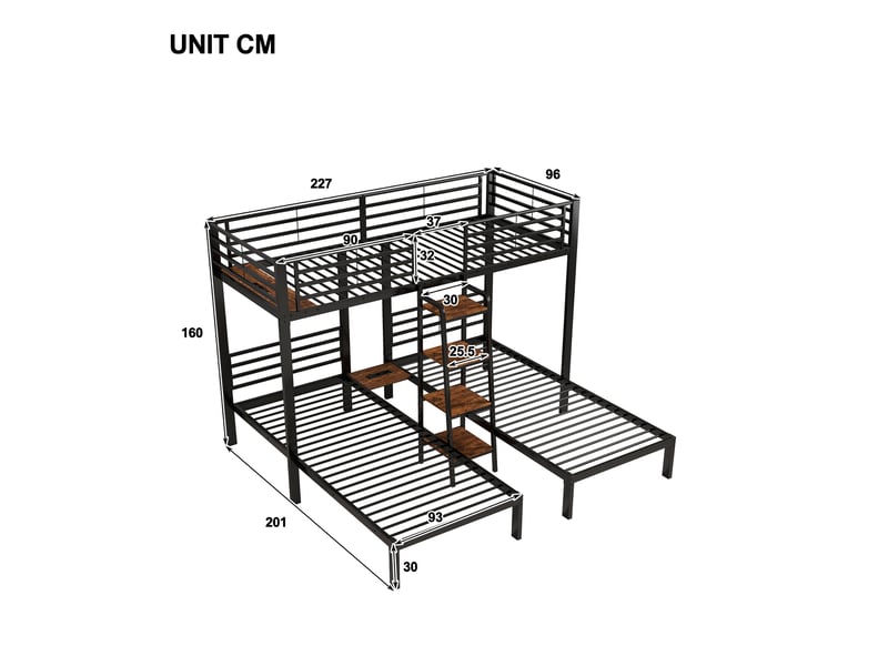 Lit superposé 3 places 90x200 cm en métal avec 2 lits simples en l, échelle intégrée, garde-corps et étagère - noir - Conforama C
