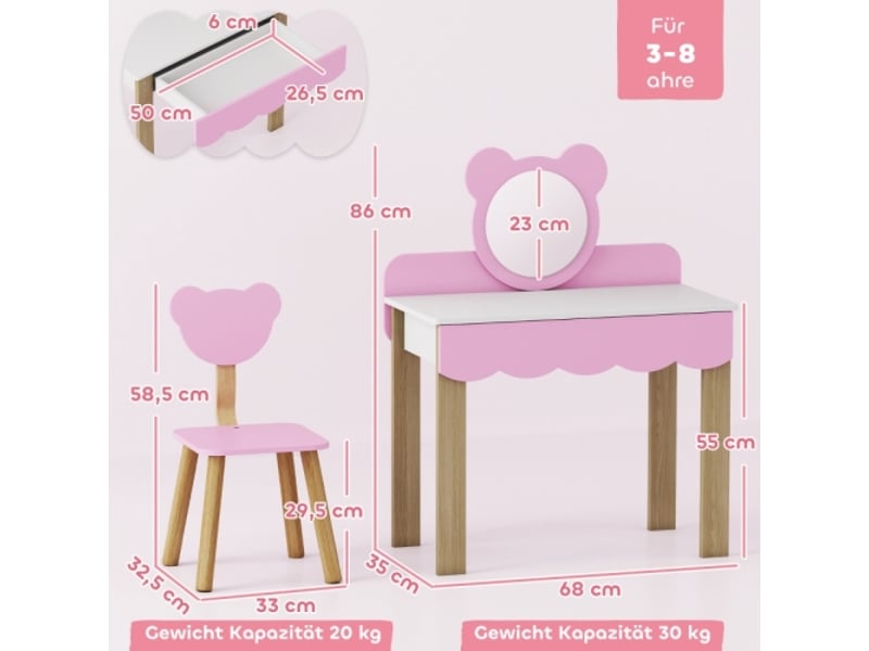 Coiffeuse enfant rose avec tabouret, miroir maquillage, forme ours, tiroir, mdf - Conforama C