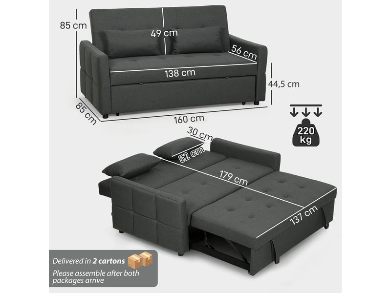 Canapé convertible 2 places 3 en 1, canapé-lit clic clac 160 cm, dossier réglable, 2 oreillers, assise large, gris foncé - Conforama C