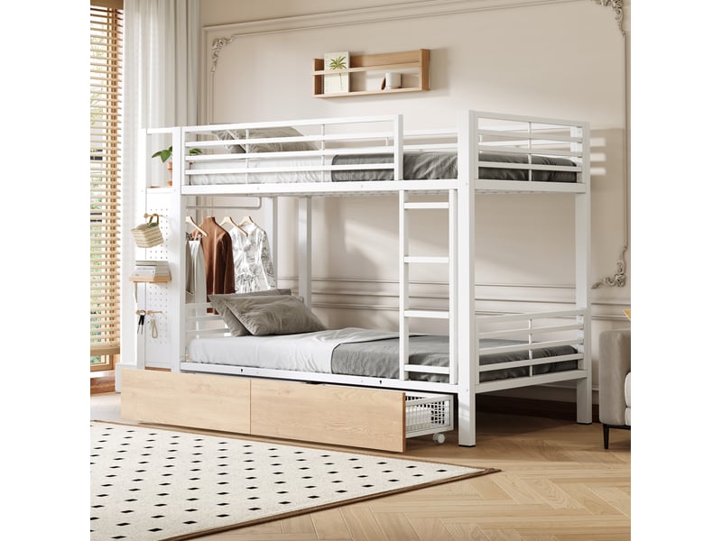 Lit superposé 90 x 200 cm avec 4 tiroirs, led, penderie, blanc, certifié en 747 - Conforama D
