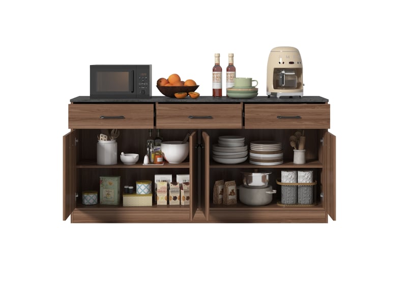  Buffet bas de cuisine en mdf effet noyer – 3 tiroirs et étagères réglables – 160 x 37 x 76,5 cm  - Conforama A
