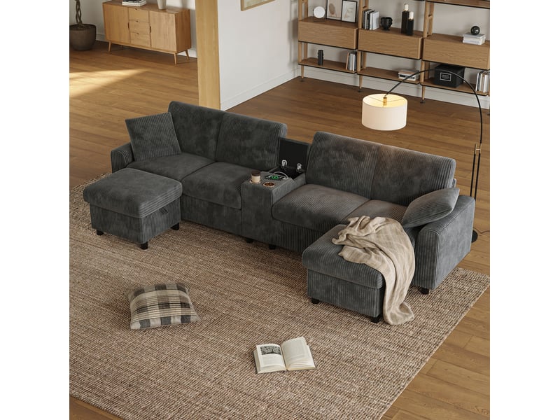 Canapé panoramique en u 4 places avec 2 poufs coffre, table, usb et prises, velours côtelé gris, 315 × 135 × 81 cm - Conforama C