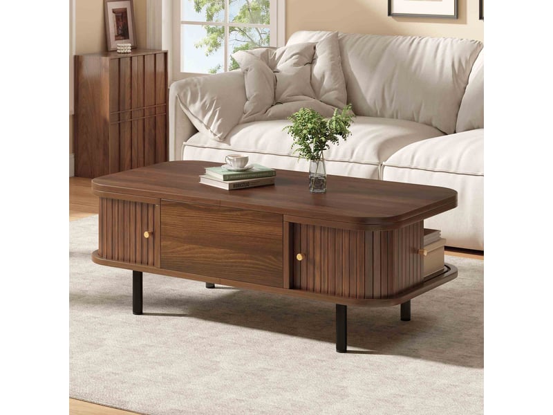 Table basse relevable 101x51x52,5 cm en mdf effet noyer, table basse 2 en 1 avec rangement, plateau réglable en hauteur, 2 portes coulissantes-marron - Conforama D