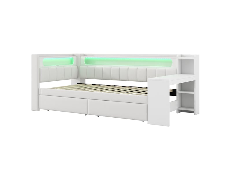 Lit plateforme 90x200 cm avec bureau, 2 tiroirs, led 7 couleurs, ports usb, tissu lin blanc, sans matelas - Conforama E