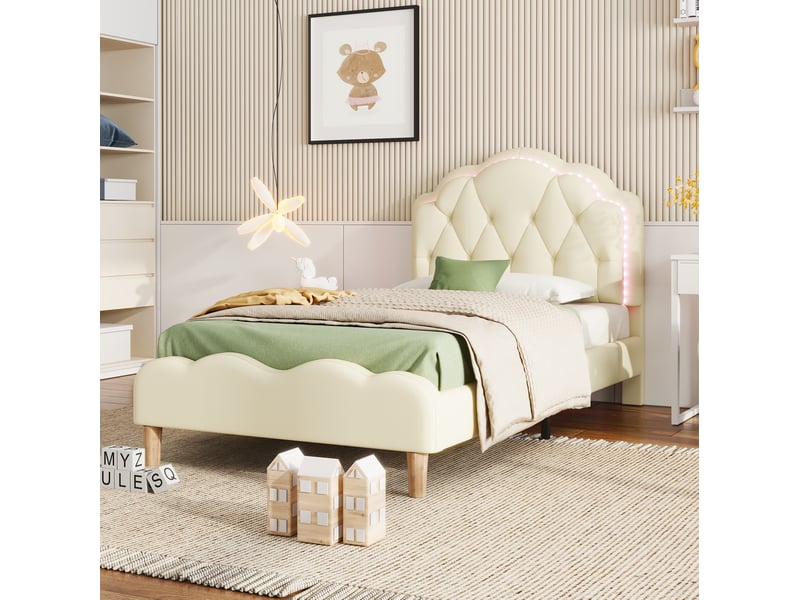  Lit simple 90x200 cm beige en pu avec led multicolores  - Conforama D