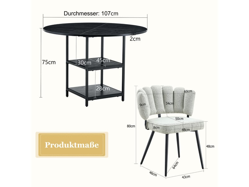  Ensemble table à manger extensible avec 4 chaises, table blanche avec rangement et fauteuils rembourrés en tissu bouclé  - Conforama E