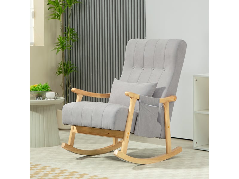  Fauteuil à bascule avec coussin lombaire, assise large, structure en bois d'hévéa, jusqu'à 120 kg, gris  - Conforama D
