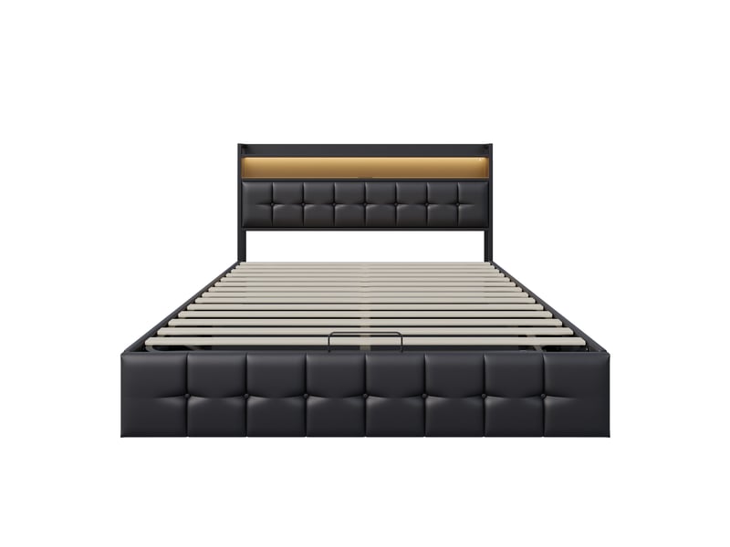  Lit double coffre - 140 x 200 cm-noir - en similicuir pu, avec tête de lit de rangement, éclairage led intelligent, prises et vérins hydrauliques  - Conforama D