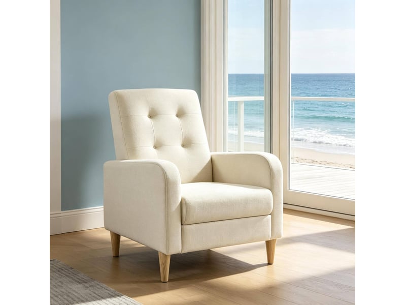  Fauteuil de salon rembourré avec dossier incliné ergonomique et accoudoirs, en lin et bois massif beige  - Conforama B