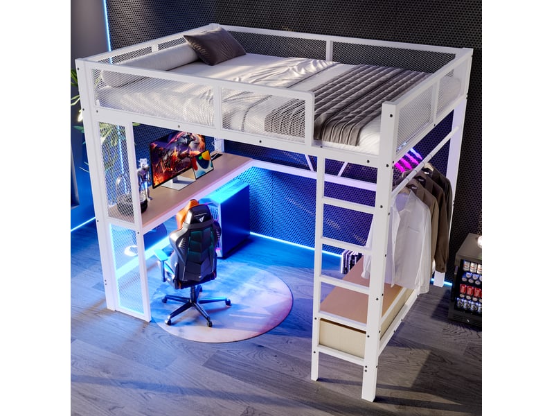  Lit mezzanine 140 x 200 cm en métal avec bureau, led, usb et 3 tiroirs, blanc  - Conforama E