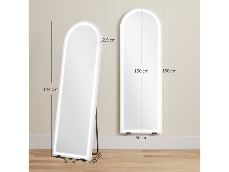  Miroir sur pied pleine longueur avec éclairage 150 x 50 cm, forme arquée, sans cadre, 3 températures de couleur, luminosité réglable, transparent  - Conforama E