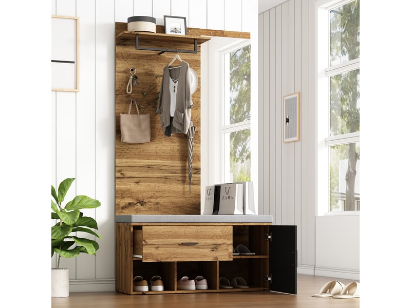  Meuble d'entrée avec miroir, banc à chaussures rembourré, rangement et 4 patères, effet chêne, 104×39×190 cm  - Conforama B