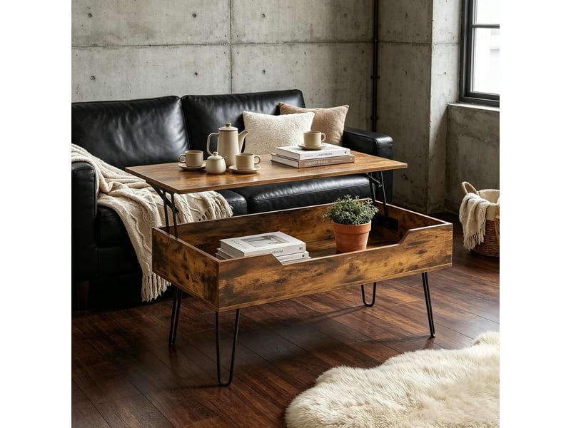  Table basse relevable avec compartiment caché et pieds métal pour salon, surface mélaminée noyer 95×50×40 cm  - Conforama B