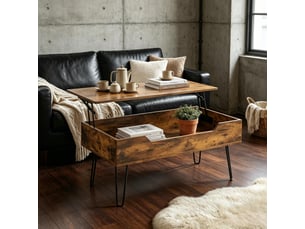 Table basse relevable avec compartiment caché et pieds métal pour salon, surface mélaminée noyer 95×50×40 cm