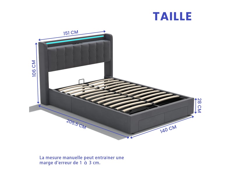  Lit 140 x 190 cm en velours gris foncé avec rangement, usb et éclairage led  - Conforama E