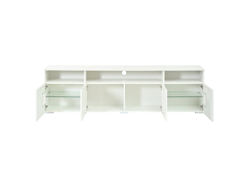  Meuble tv 180 cm blanc, led bluetooth, 4 portes, niches ouvertes et tablettes en verre Fay Lum - Conforama D
