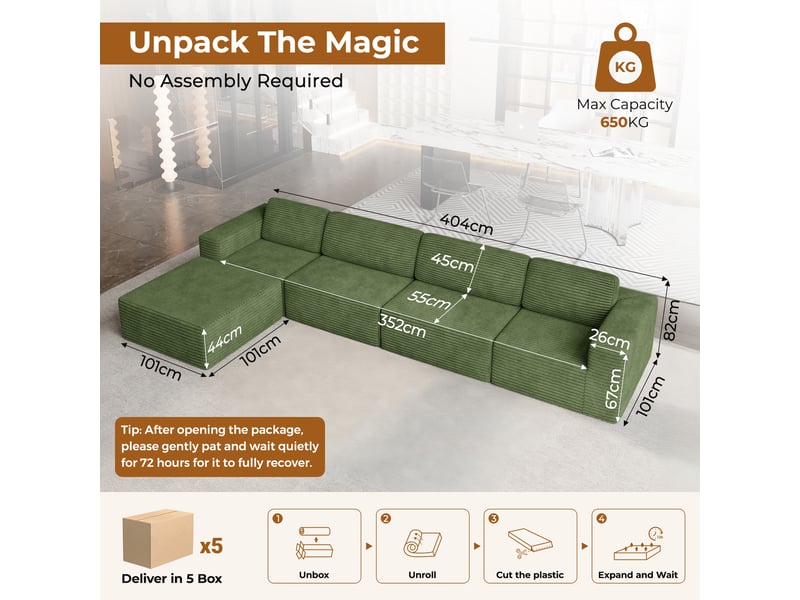  Canapé d'angle 4 places modulaire en velours côtelé avec 1 pouf,canapé compressé,sans assemblage,404x202x82cm,vert 404x202x82CM - Conforama C