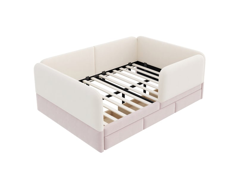  Lit enfant rembourré 140x200 cm, contour de sécurité rembourré, 3 tiroirs, coins arrondis, velours rose Radiant Stride - Conforama E