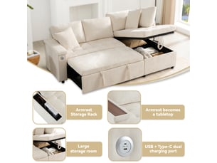 Canapé convertible- 3 places,rangements,porte-gobelets,coussins inclus,port usb,chenille- 209x130x84cm- beige