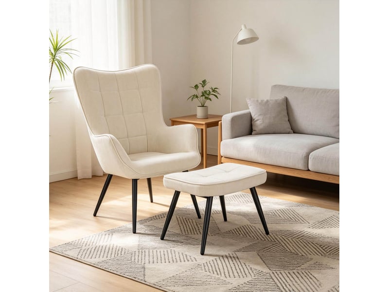  Fauteuil avec pouf en corduroy avec dossier haut et assise rembourrée, style moderne crème  - Conforama D