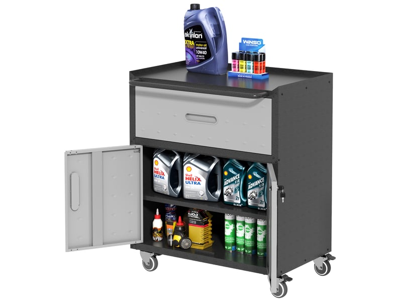  Armoire à outils métallique 75 x 42 x 88 cm – noir et gris – 1 tiroir, 2 portes verrouillables sur roulettes  - Conforama E