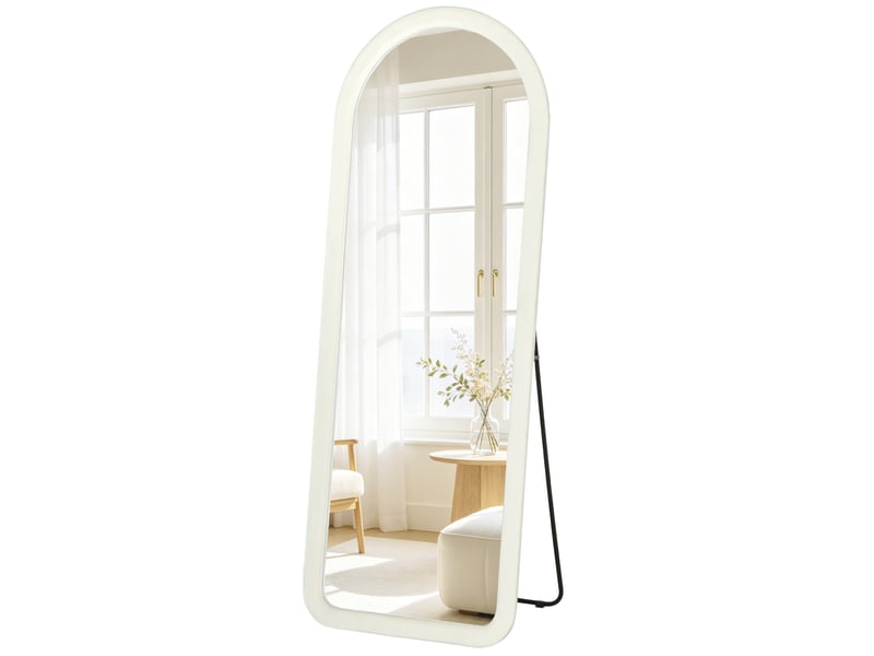  Miroir de sol arqué pleine longueur 160x60cm, grand miroir sur pied ou mural, cadre effet velours, verre trempé, crème  - Conforama B
