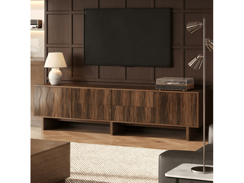  Meuble tv 180 x 40 x 56 cm, 4 tiroirs, 2 portes, décor noyer foncé, jusqu’à 75 pouces  - Conforama E