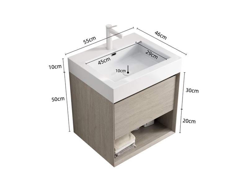  Meuble sous vasque suspendu avec 1 tiroir, étagère ouverte et fermeture douce pour salle de bain 55 × 46 × 60 cm  - Conforama C