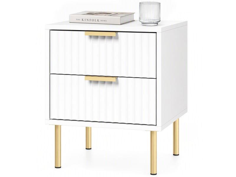  Chevet design contemporain 2 tiroirs effet cannelé coloris champagne doré blanc  - Conforama E