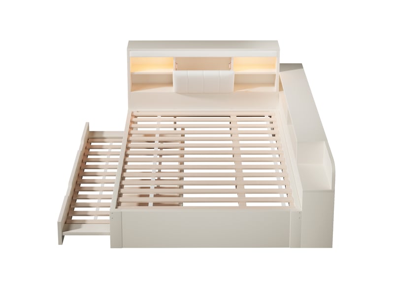 Lit banquette 140x190 cm blanc avec lit gigogne 90x190, liseuses, usbtype-c et rangements intégrés Fay Lum - Conforama D