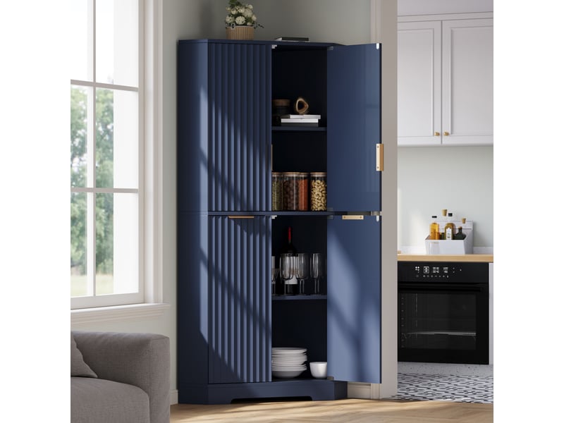  Meuble d'angle avec 4 portes et étagères réglables, design rainuré, pour cuisine, en mdf bleu, 60 × 60 × 172 cm  - Conforama B