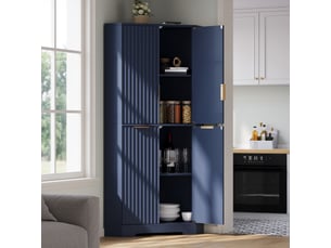 Meuble d'angle avec 4 portes et étagères réglables, design rainuré, pour cuisine, en mdf bleu, 60 × 60 × 172 cm