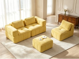 Canapé modulaire en l 3 places, sans structure rigide, avec pouf, mousse haute densité 32d, 271 x 162 x 67 cm, jaune