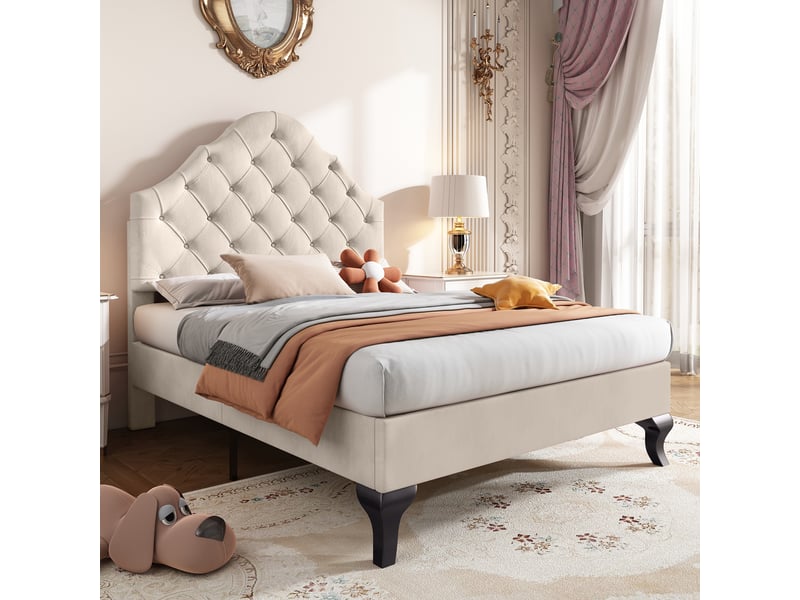  Lit simple 90x200 cm avec sommier à lattes bois, lit adulte, rembourré velours beige, tête de lit réglable en hauteur  - Conforama D