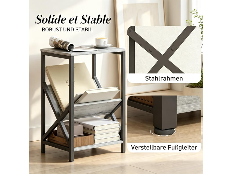  Table d'appoint à 3 niveaux avec porte-revues en v et étagère basse, pour salon ou chambre, gris foncé, 40 × 30 × 61 cm  - Conforama E