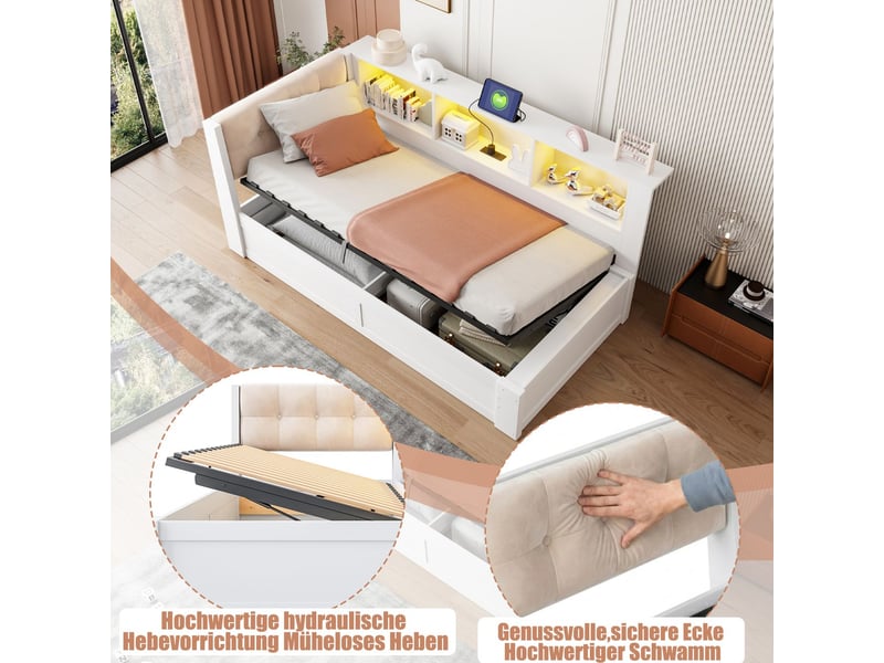  Lit rangement 90 x 200 cm rangement hydraulique éclairage led dimmable étagère pratique port usb bois de pin blanc lit de jour  - Conforama E