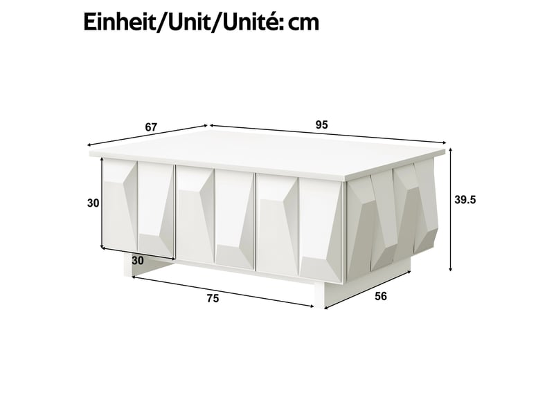  Table basse blanche avec rangement, 3 portes à façades structurées 3d, plateau spacieux, panneau de particules  - Conforama C