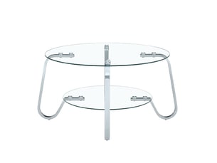 Table basse ronde 80x80x45 cm, 2 niveaux en verre trempé et métal argenté