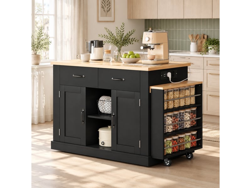 Desserte de cuisine avec 2 portes, 2 tiroirs, table extensible et prises pour cuisine en mdf, 132×70×90 cm, noir - Conforama C