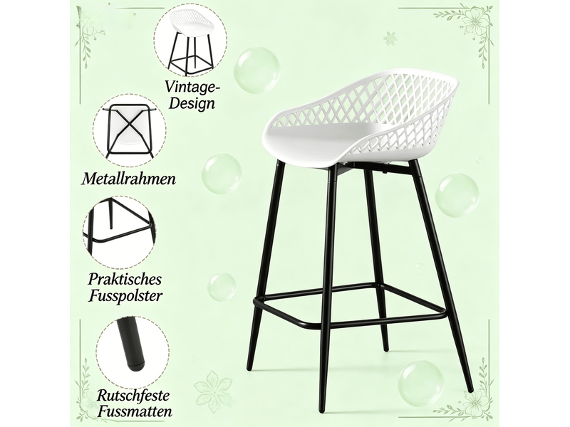  Lot de 2 tabourets de bar avec dossier ajouré, repose-pieds et structure stable, en métal et polypropylène blanc  - Conforama E