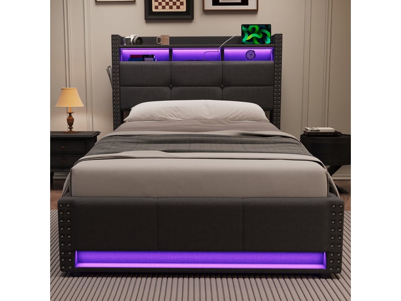  Lit coffre 90x200 cm gris foncé en tissu lin, led, ports usb et sommier inclus  - Conforama B