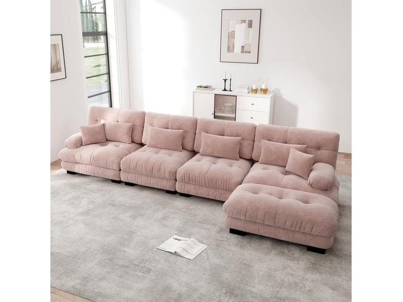  Canapé modulaire modenvie 4 places en chenille rose 406 x 145 x 81 cm avec ottomans mobiles  - Conforama E