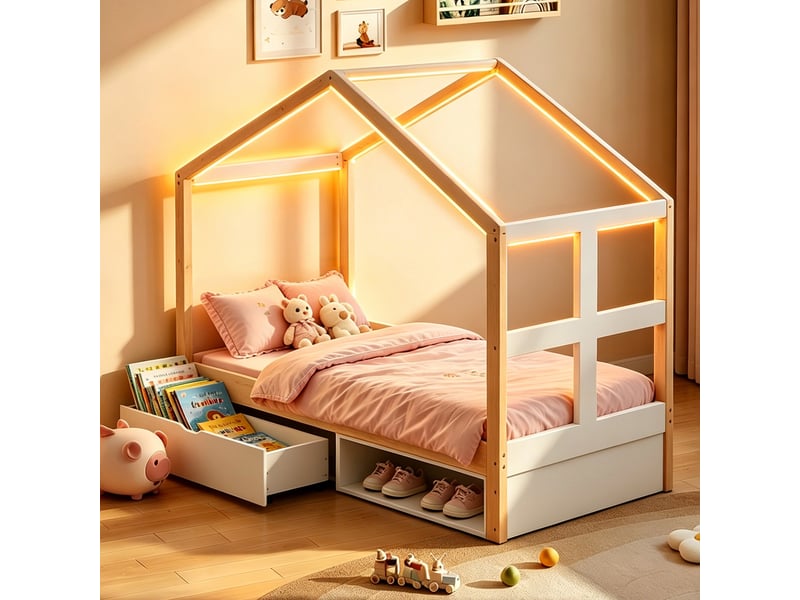  Lit simple enfant 90 x 190 cm avec tiroirs et petit meuble à chaussures, éclairage led et sommier à lattes, bois, couleur bois Morn Vibe - Conforama C