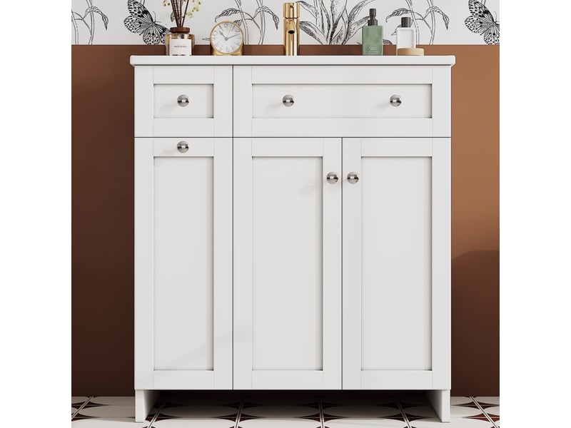  Meuble sous vasque 1 porte, 3 tiroirs, vasque en céramique, finition laquée blanche pour salle de bain, 76×47×86 cm  - Conforama C