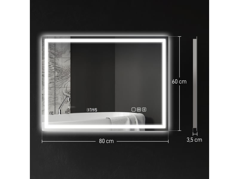  Miroir salle de bain led bluetooth 60 x 80 cm interrupteur tactile lumière réglable 3 couleurs anti-buée mémoire argent  - Conforama E