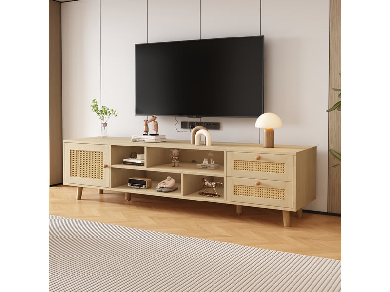  Meuble tv rotin 160 cm pour 70 pouces avec 2 tiroirs et 1 porte, chêne  - Conforama E