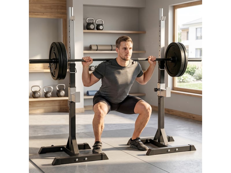  Ensemble de 2 supports pour haltères en acier, 2 crochets à hauteur réglable, capacité de charge 150 kg, 55 x 57 x 105-170 cm, noir  - Conforama C