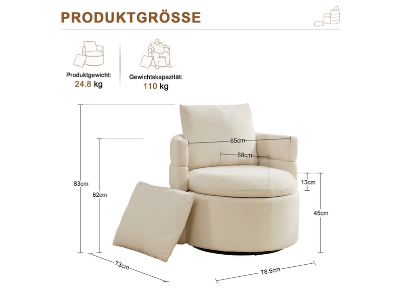  Fauteuil pivotant 360° avec rangement caché et dossier rembourré, pour coin lecture, en tissu chenille ivoire  - Conforama E