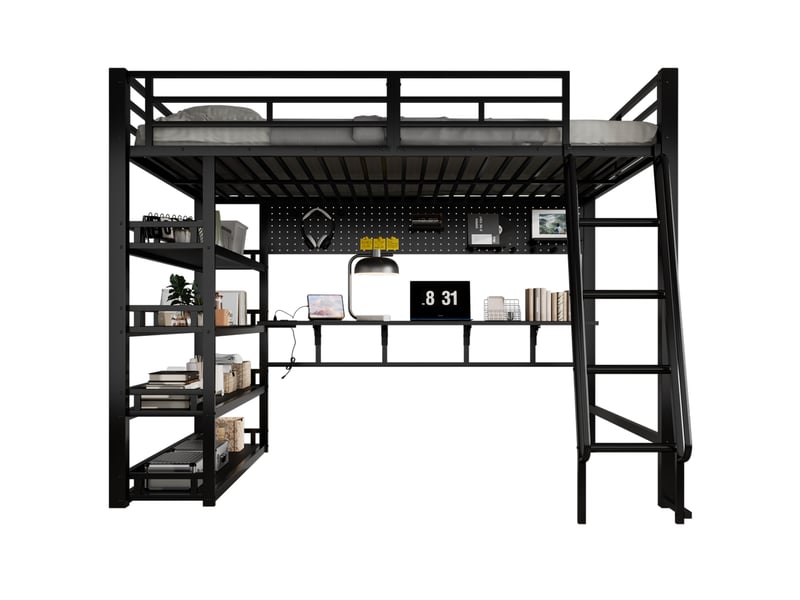 Modenvie lit mezzanine 140x200 cm - avec étagères, rangement et port de charge, sans matelas - noir - Conforama A